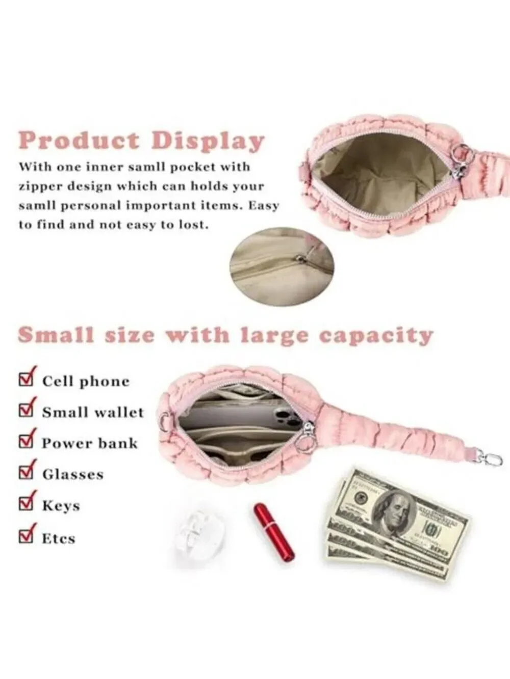 Women Pink Quilted Wristlet Bag Puffer Handbags Purse